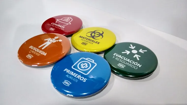 Juego de discos de brigada con pictograma por función: incendios, materiales, evacuación, búsqueda y primeros auxilios · ODU