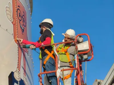 Tank graphics from a boom basket, in harness, hard hat and vest