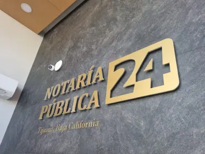 Entrance sign in a gold finish · Notaría Pública 24