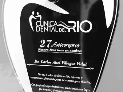 Acrylic award with custom silhouette, engraved piece by piece · Clínica Dental del Río