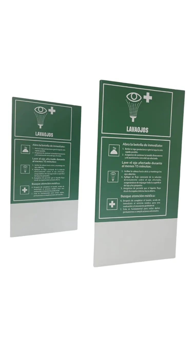 Señalética de lavaojos en acrílico verde, con pictograma e instrucciones