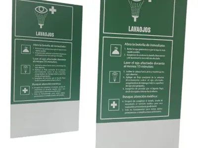 Green acrylic eyewash signage with pictogram and instructions